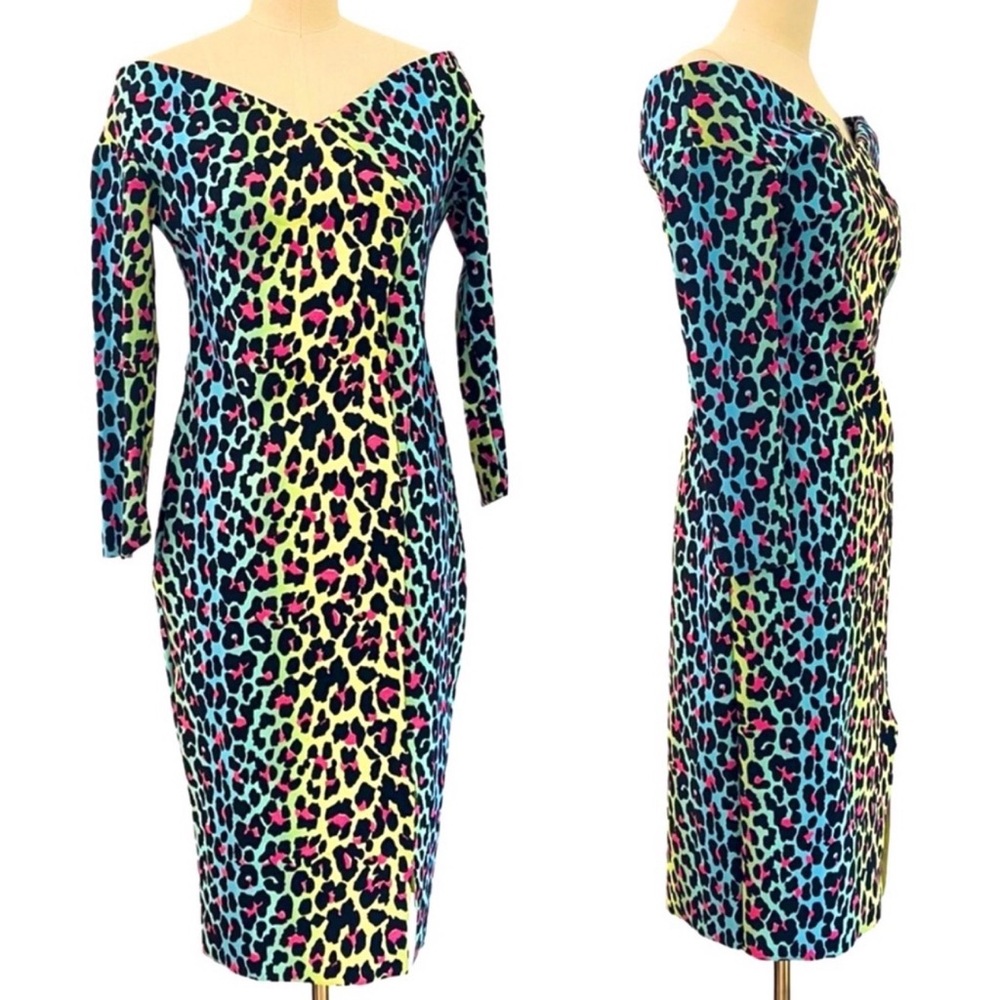 Chiara Boni Animal Leopard Neon Multi Black Asymmetrical Bodycon Dress 46 M